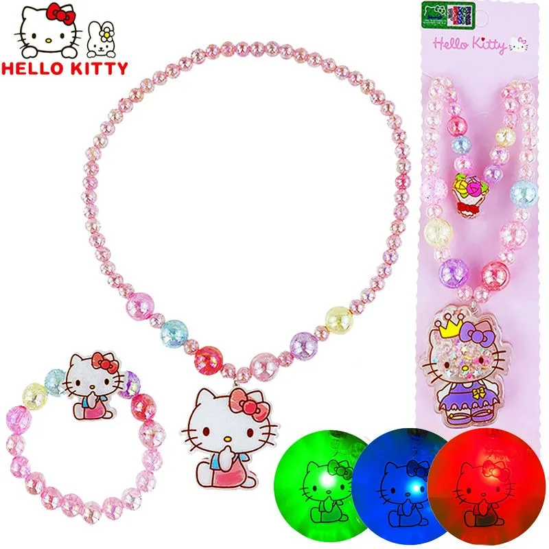 Hello Kitty New Princess Children's Necklace Jewelry Pearl Cartoon Cute Bracelet Quicksand Flash Girl Accessories Gift Kids Toys