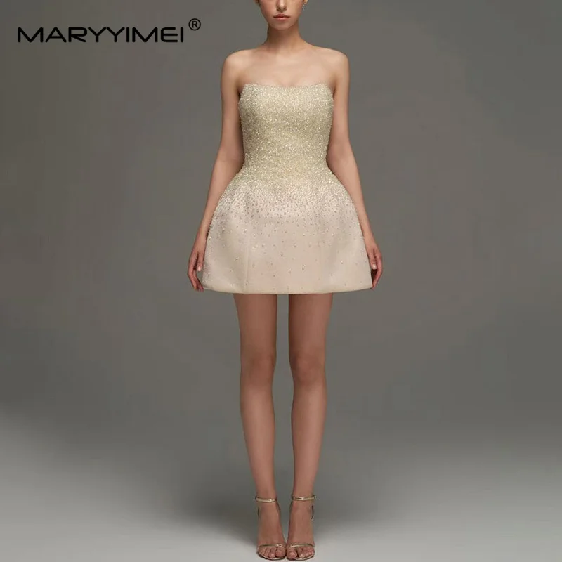 MARYYIMEI Stitched beaded temperament ceremonial dress tube top waist short dress 2026 summer new women's clothing