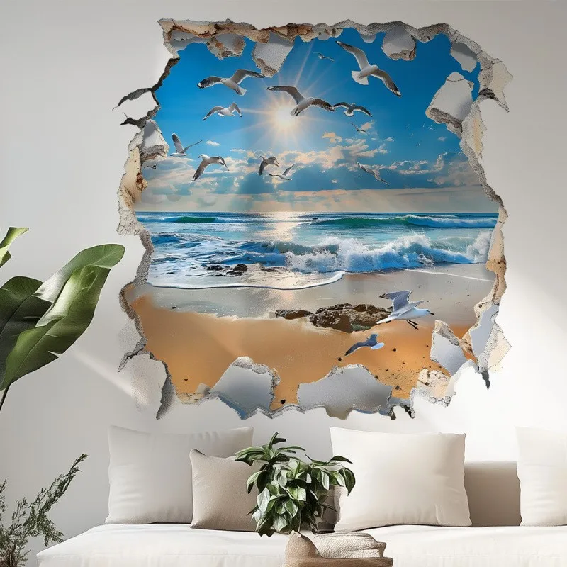 Broken Wall Hole Art Summer Sunny Sea View Mural Beach Seawave Seabird Vinyl Stickers Aesthetic Rooms Porch for Home Decoration