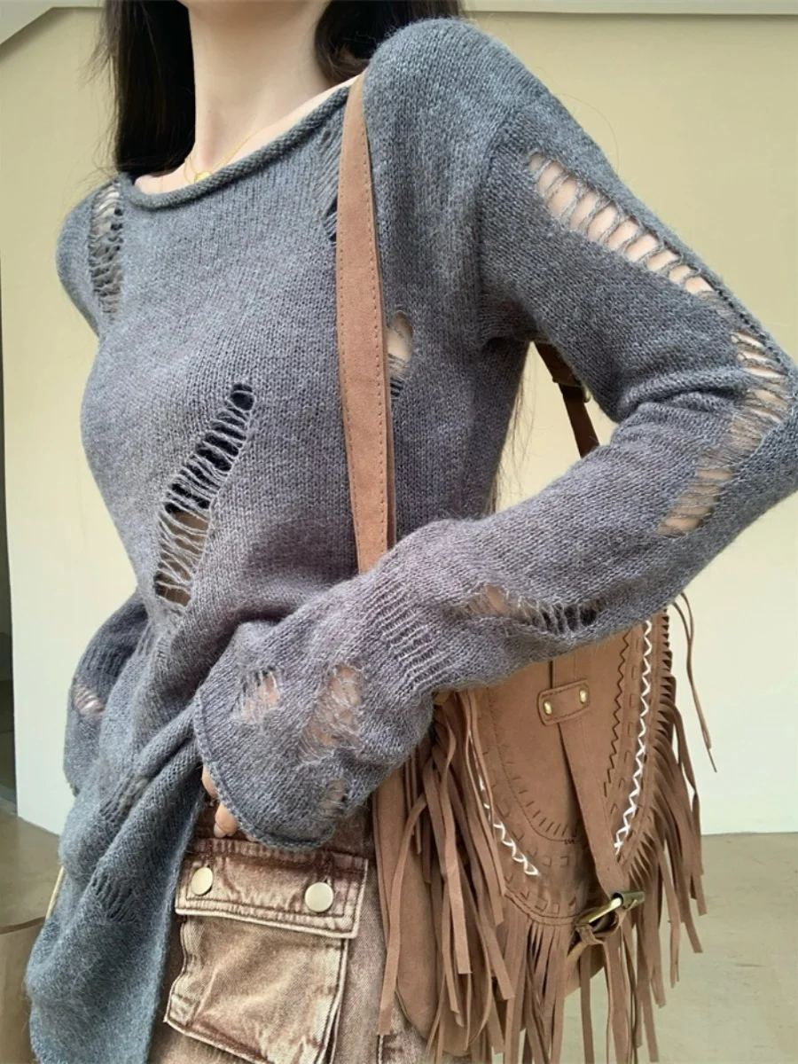 Atasan Rajut Wanita Model Longgar dengan Celana Jeans, Set Dua Potong, Sweater Rajut Panjang Model Longgar