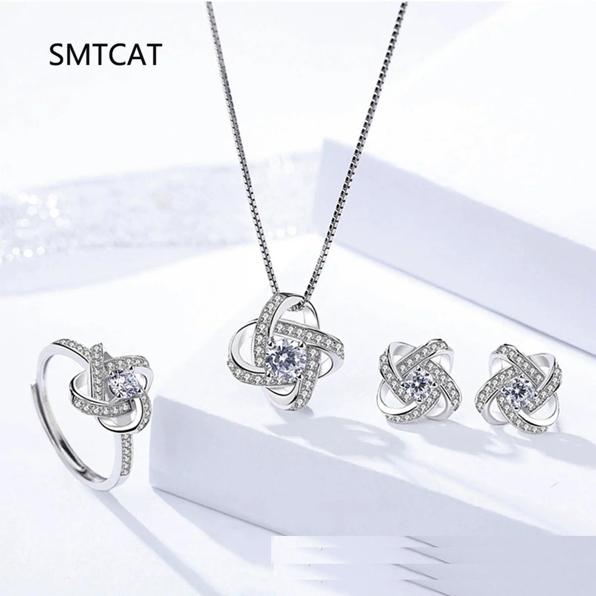 

925 Sterling Silver 3mm Moissanite Necklace Earrings Ring Sets 3 In 1 Clover Flower Charm Jewelry Set for Women Gift