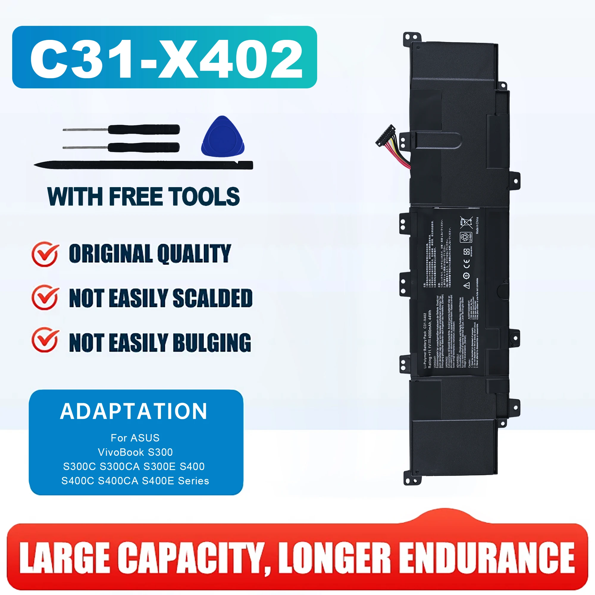 Batería para ordenador portátil 11,1 V 4000mAh C31-X402 para Asus VivoBook S300 S400 S400C S400E S500 S500C X402 X402C V400C nueva de alta calidad