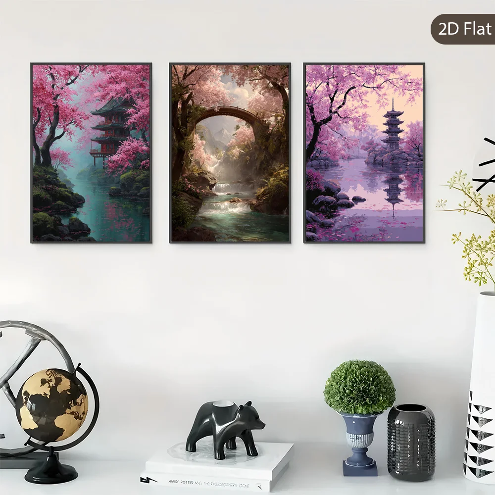 2D Flat, 3pcs Unframed Asian Sanctuary Wall Arts, Tranquil Scenery Canvas Wall Art, Ancient Temple Art Prints, Cherry Blossom