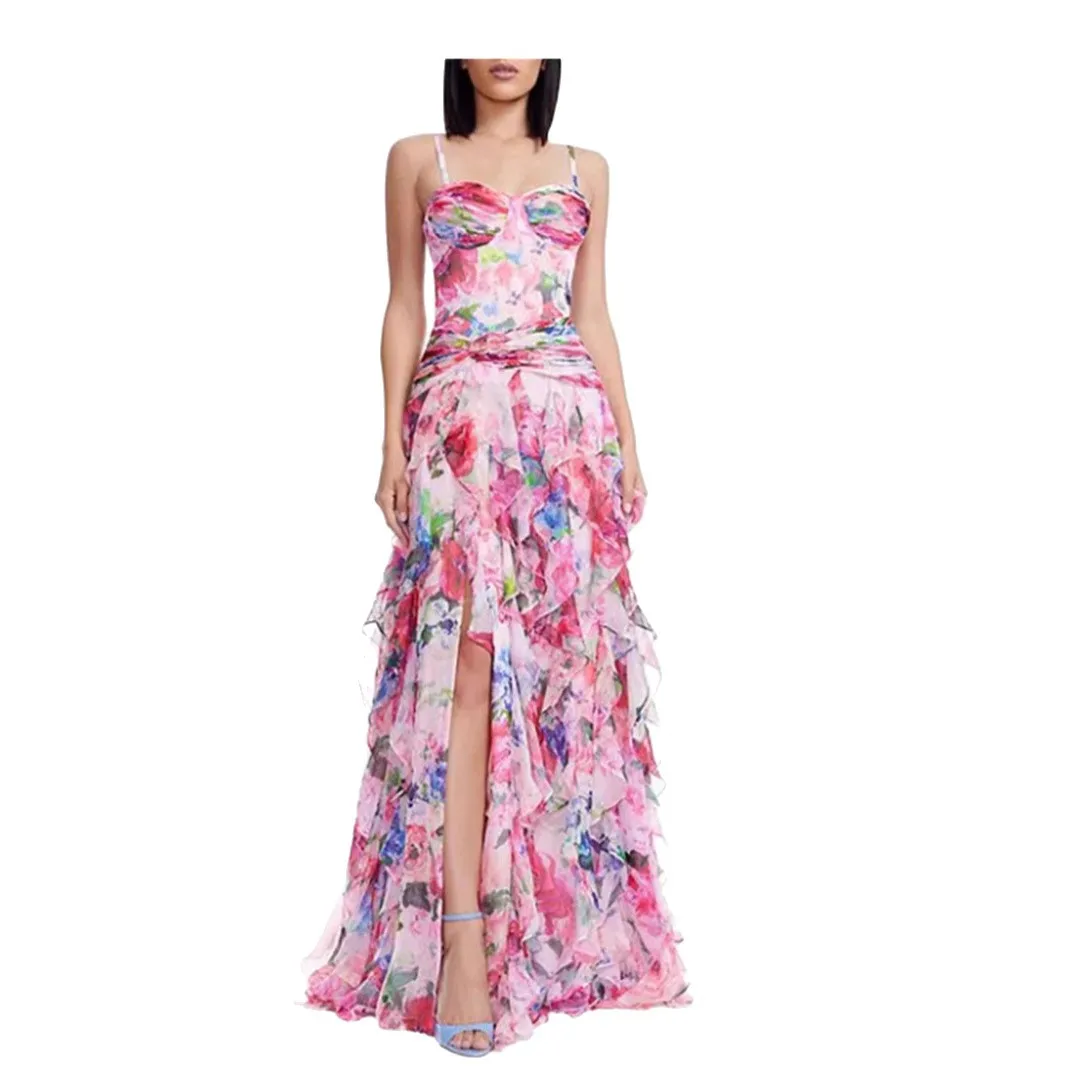 فستان سهرة نسائي مكشوف الكتفين لعام 2025 - فستان رسمي بدون حمالات بطباعة شيفون وأكمام طويلة مع سحر أثيري