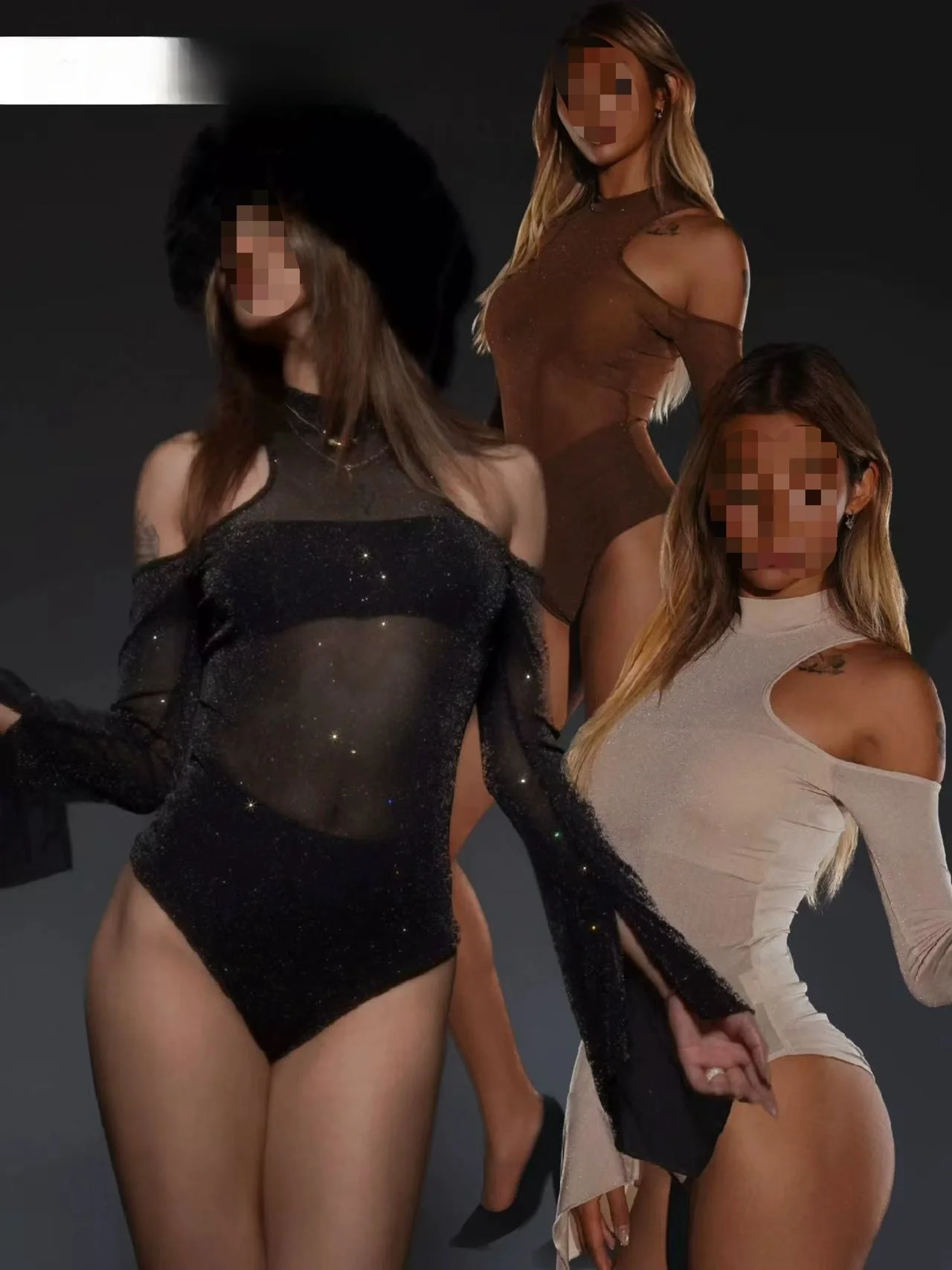 

Dark One-Piece Suit Ultra Long Sleeve Sparkling Shoulder Bared Silk Black Top for Dance Legs Lengthening Effect