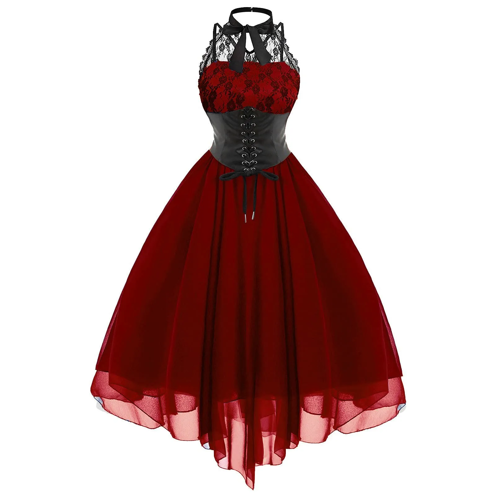 Sexy Steampunk Gothic Halter Backless Dress Punk Lace Up High Waist Women Swing Dress Victorian Ball Bown Vintage Corset Dresses