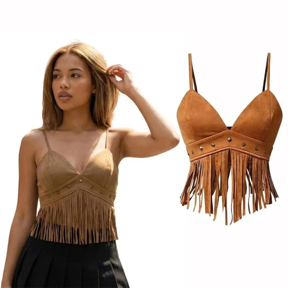 Vintage Faux Suede Women Crop Top Tassel Trimmed Spaghetti Strap Fringe Vest Cowgirl Style V Neck Camisole Top for Women