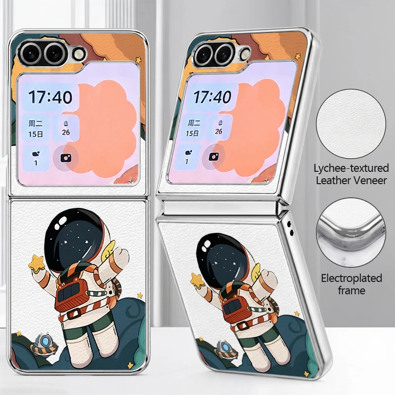Astronaut Print Lychee Texture Phone Case For Samsung Galaxy Z Flip7 FE Flip6 Flip5 Flip 7 6 5 Plating PC Frame Hard Back Cover