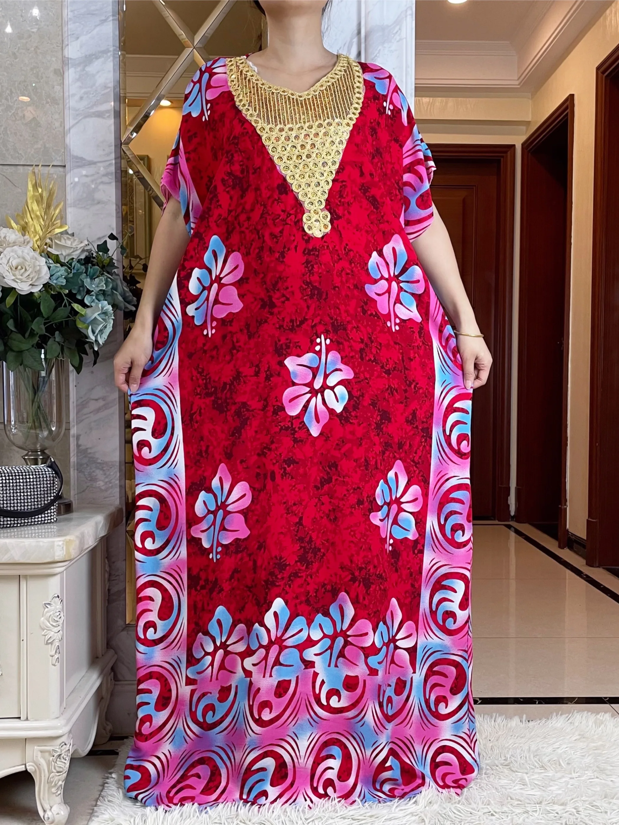 2024 New African Women Abayas Cotton Fabric Dresse With Big Scarf For Women Summer Short Sleeve Muslim Robe Traditional Clothing