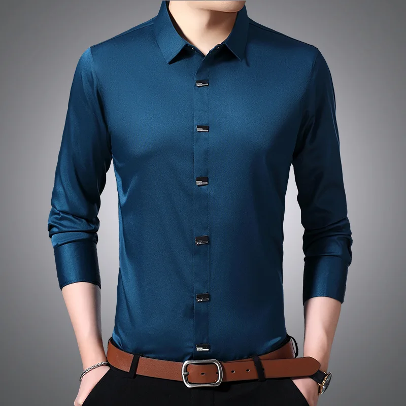 

2022 Spring Autumn Mens Shirts Luxury Long Sleeve Solid Color Satin Face Smart Casual Male Shirts Slim Fit Party Man Shirts 3XL