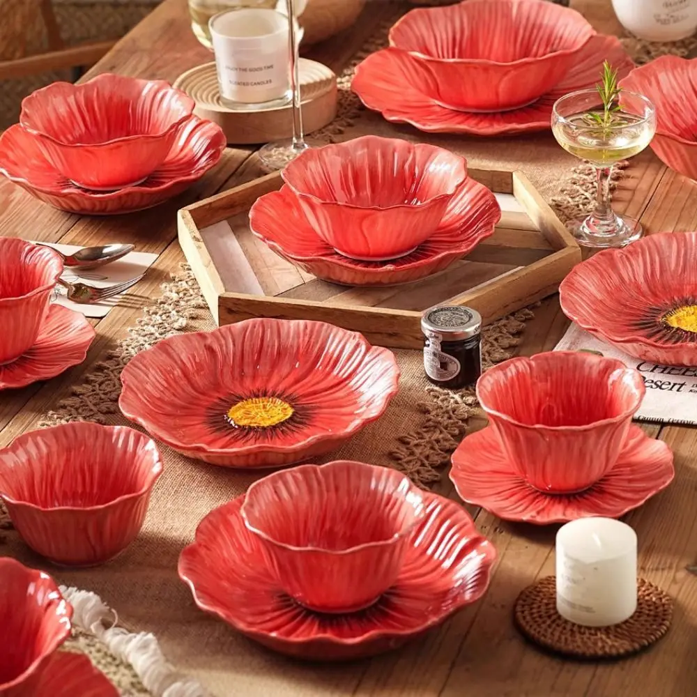 

Multifunctional American Style Ceramic Flower Plate Light Luxury Household Dining Plates Modern Soup Bowls Party Serving
