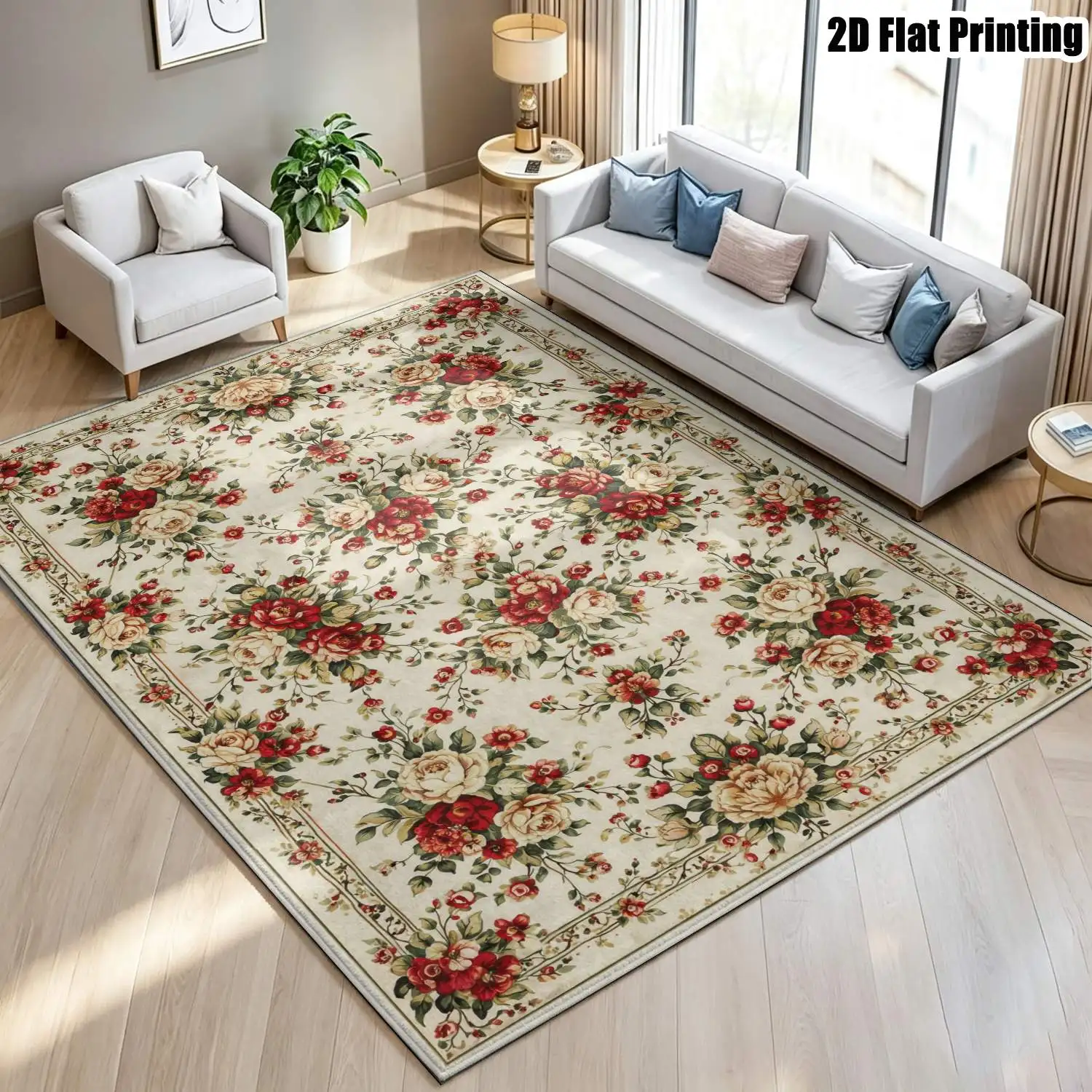 1Pc 2D Printed Retro Red Pink Floral Carpet: European Instagram Style Floor Mat, Machine Washable, Multi-Size, Ideal for Home Decor & Multi-Scenario Use