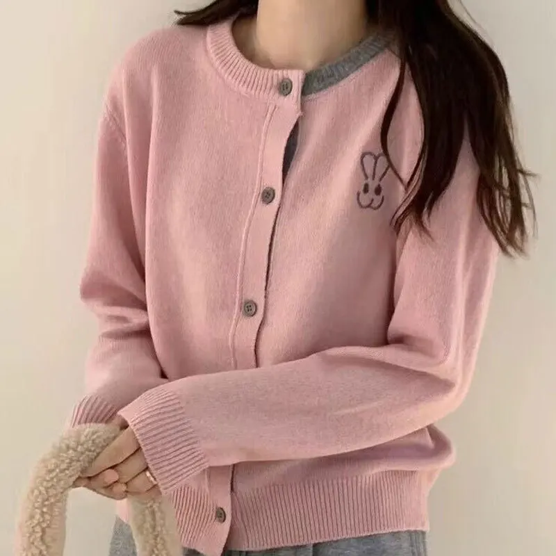 Embroidered Bunny Versatile Knitted Cardigan for Women Spring Autumn New Style Single-breasted Long-sleeved Loose Sweater Top