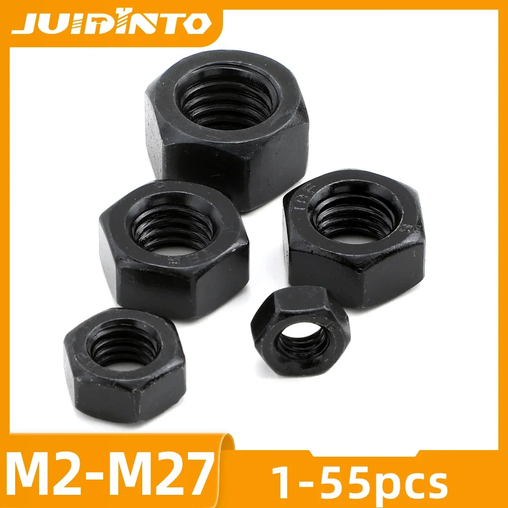 JUIDINTO 1-55szt Czarne nakrętki sześciokątne M2 M2.5 M3 M4 M5 M6 8 M10 M12 M14 M16 M18 M20 M22 M24 M27 Nakrętki sześciokątne ze stali węglowej