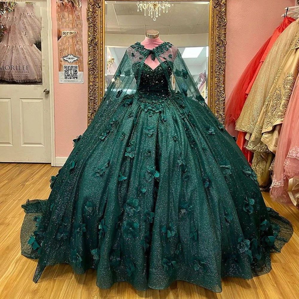 ANGELSBRIDEP Emerald Green Shiny Quinceanera Dress 2024 With Cape Ball Gown Sleeveless 3D Flowers Corset Vestido De 15 Anos