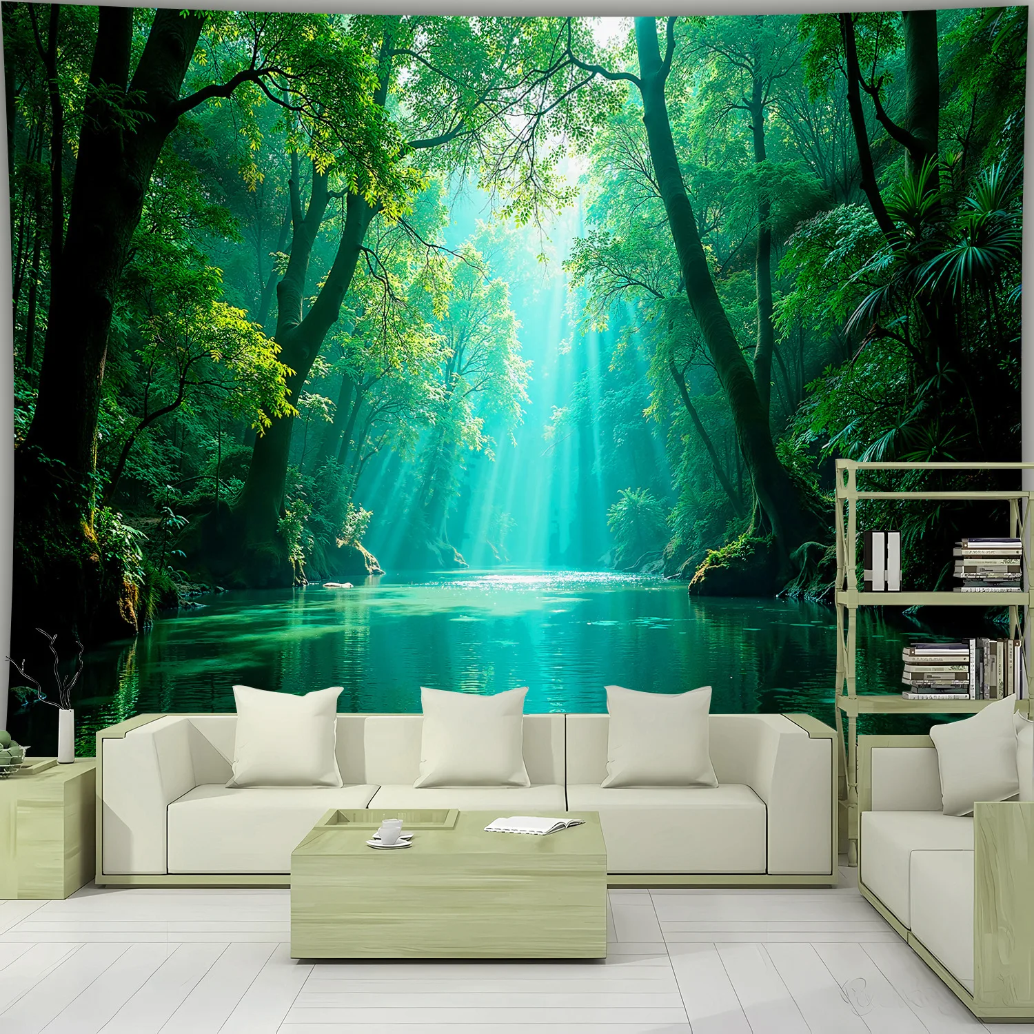Vibrant Forest Nature Tapestry Wall Hanging Jungle Mural Room Decor Green Stream Sunlight Backdrop Indoor Living Room Bedroom Ar
