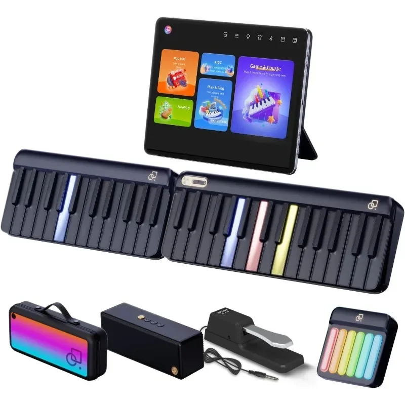 

POPUPIANO Smart Piano Keyboard with Speakers Expandable Full keys Interactive Music Sheet Rainbow Light Keys for Beginners