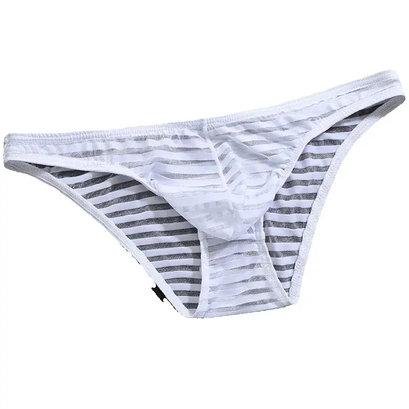 Men Low Waist Briefs Breathable Solid Color Stripes Panties Ultra-Thin Transparent Ice Silk Underwear U Convex Pouch Underpants