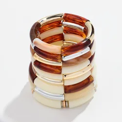 New Acrylic Bamboo Bent Tube Stacking Bracelets for Women Men Vintage Resin Elbow Beaded Elastic Cuff Bangle Boho Jewelry Gifts