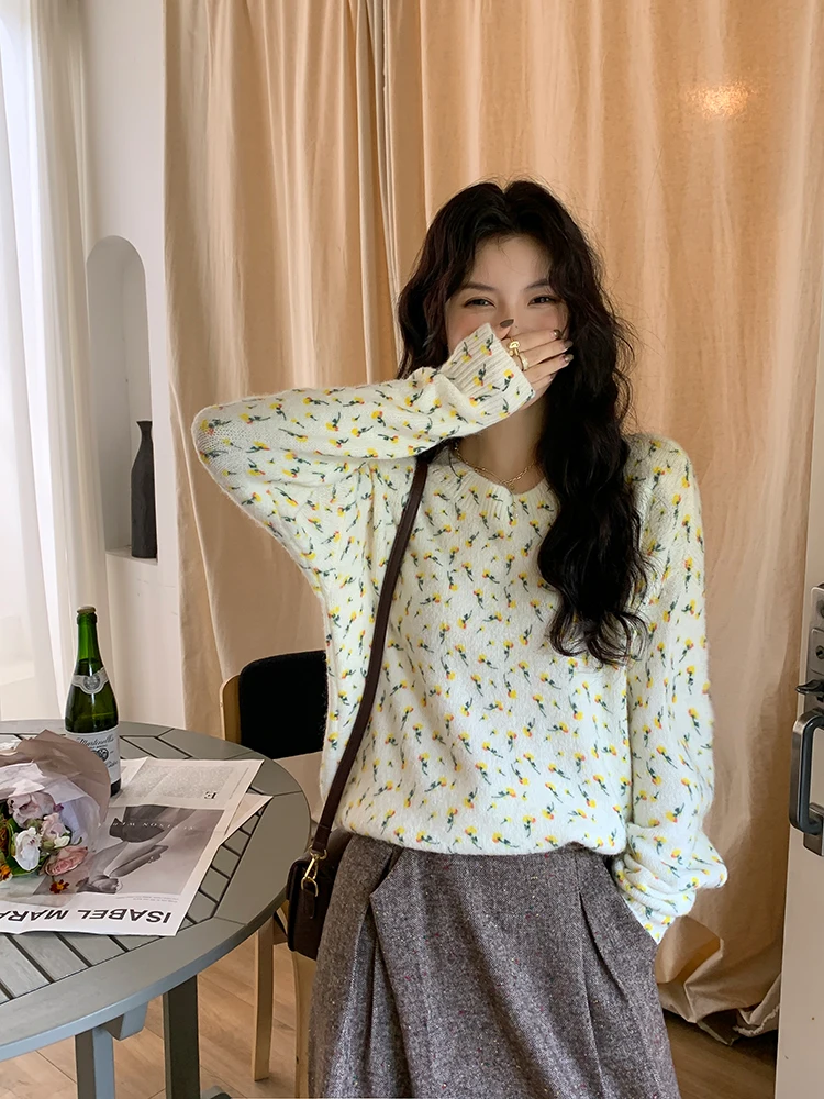 Sezan French Country Floral round Ne Pullover Knitted Loose Women's Sweater Sweet Sle Long Sve Printed Loose Fit Top