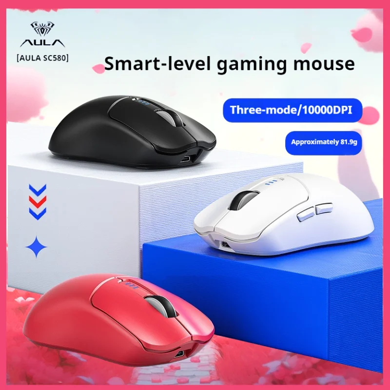 AULA SC580 Gaming Mouse Tri-mode Rechargeable Ergonomic Bluetooth Mouse 10000 DPI Wireless Bluetooth Mice for Office Gaming,Red