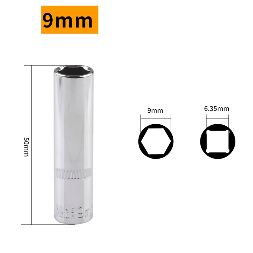 1pc Tiefe Buchse 4/5/6/7/8/9/10/11/12/13/14mm Tiefe Buchse Adapter 1/4 zoll Hex Steckschlüssel Köpfe Ratsche Werkzeug – Detail 8