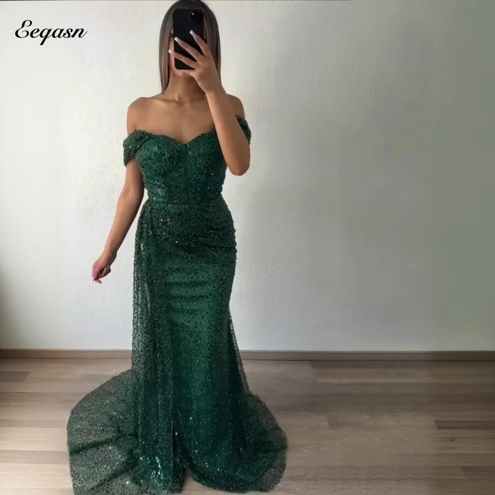 Green Mermaid Evening Dresses Sequin Beaded Vestidos De Noche Off Shoulder Wed Party Dress Long Robes De Soirée Customized