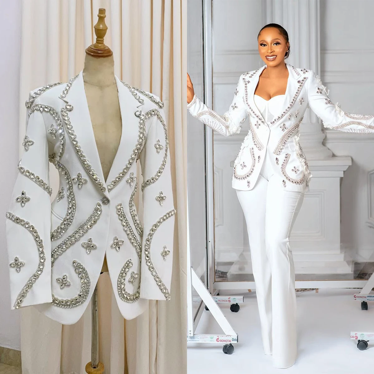 Peaked Lapel Crystal Women Blazer Suits 2 Pieces Beaded Applique African Jacket Customized Wide Leg Pants Celebrity Party Dress