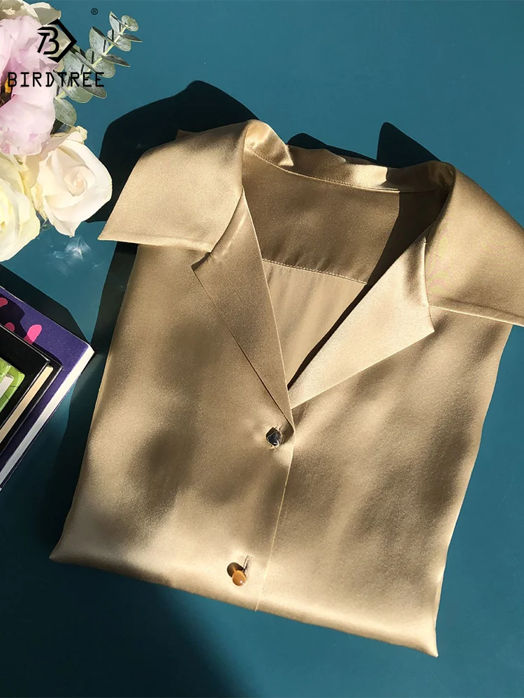 

Birdtree 19MM 100%Real Silk Women Elegant Satin Shirt Sand Wash Solid Color Office Lady Blouse 2024 Spring Autumn Tops T3D797QM