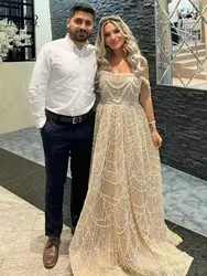 MYMB Gorgerous Off Shoulder Champagne A-Line Evening Dress for Wedding Party Dubai Luxury Beaded Formal Occasion Gown MY30105L-2