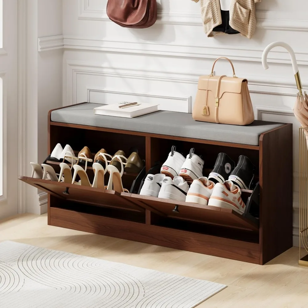 مقعد تخزين خشبي معاصر مع مقعد مبطن وأدراج قابلة للطي لتخزين الأحذية في المدخل