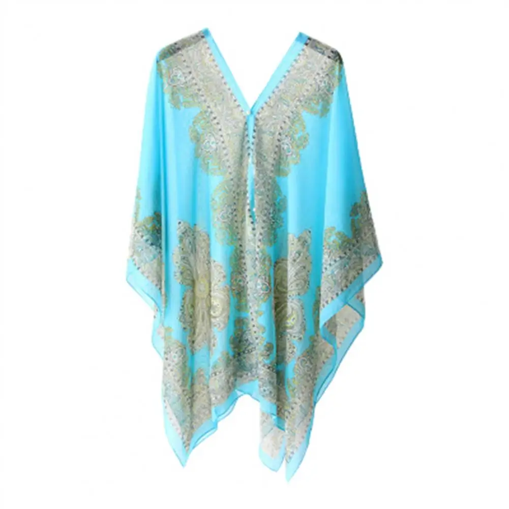 Cashew Flower Print Multi function Chiffon Vintage Anti sun Bikini Cover Up Women Scarf Poncho Beach Bohemian Dress Shirt