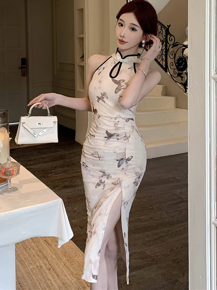 

Женское шикарное платье Cheongsam с принтом и бисером, воротник-стойка, весна-лето, корейское облегающее вечернее платье, 2025 г., элегантное роскошное вечернее платье