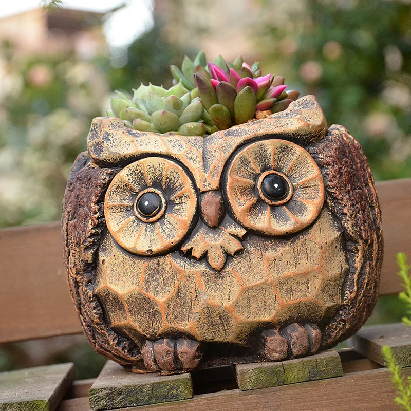 Owl Ceramic Succulent Planter With Drainage Hole American Style Handmade Brown Old Tree Stump Around Animal Flower Pot Container