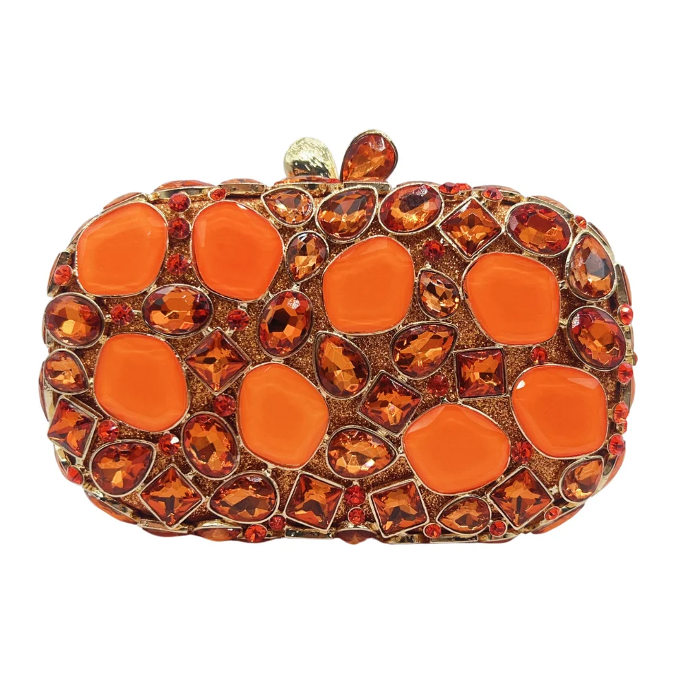 WHTUOHENG Orange Rhinestone Evening Purse Clutch Diamond Metallic Party Dinner Minaudiere Crystal Wedding Tote Bridal Clutch Bag