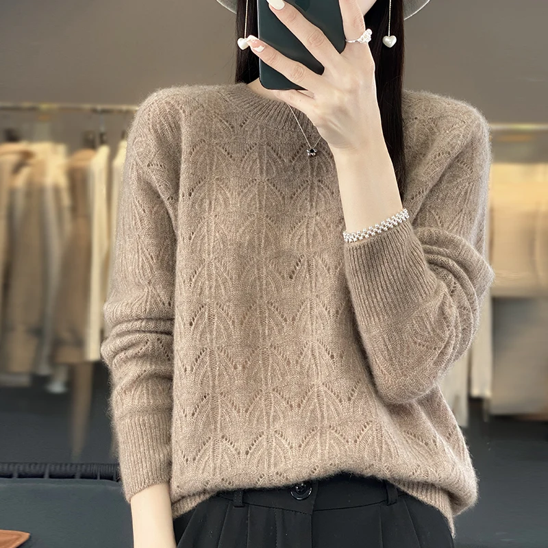 Pullover 100% Wool Sweater Women\'s Knitted Thin Hollow Long Sleeve Sweater Loose and Comfortable New Product Women\'s Sweater