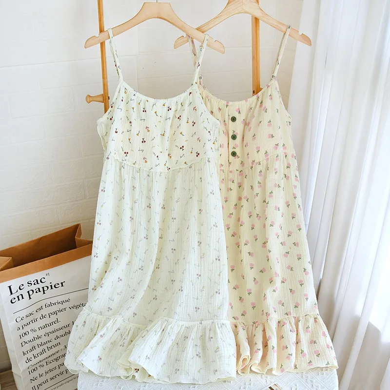 Summer Sleeveless Nightdress Women Floral Printed Nightgown Japanese Korean Style Thin Bathrobe Pajamas Nightwear Loungewear