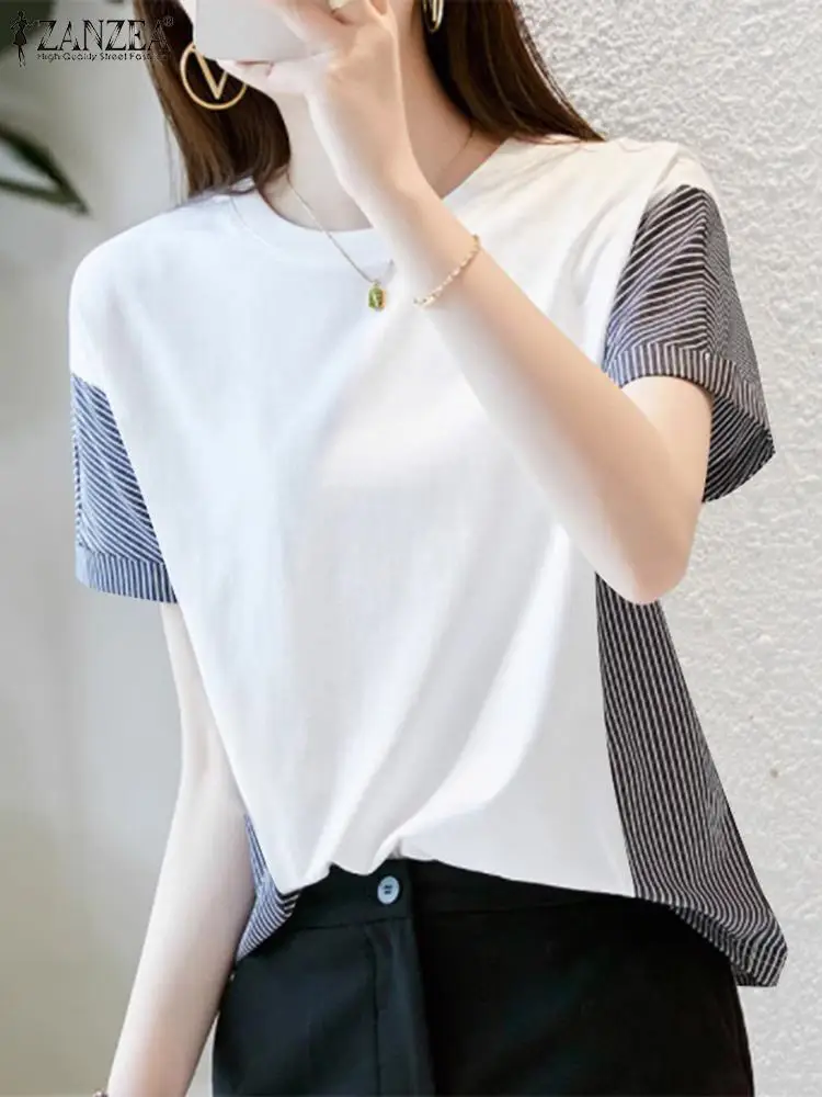 

Summer Women Short Sleeve OL Work Blouse ZANZEA Female Stripe Printed Shirt Fashion Casual O Neck Loose Holiday Tops Blusas 2024