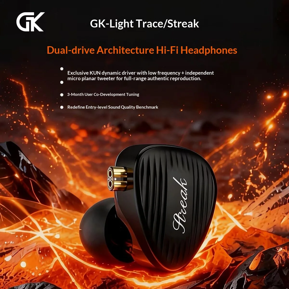 

Наушники-мониторы Gk-Streak Hi-Fi In-Ear Monitors Kun Dynamic + Micro Planar с двумя динамическими излучателями и съемным кабелем, обновленная версия Gk-Kunten
