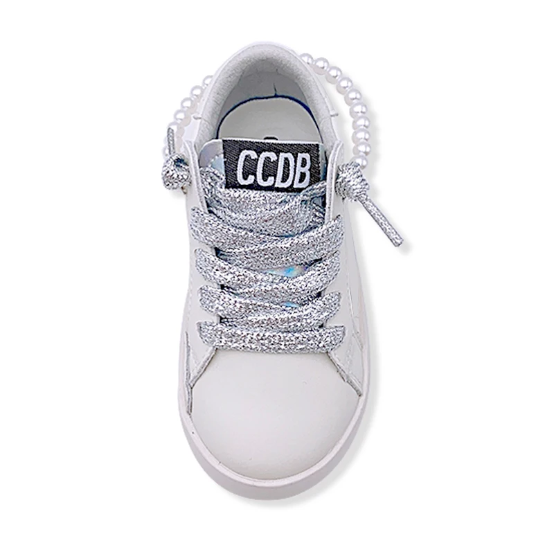 CCDB Fashion Trend Sneakers Shoes for Kids Spring Girls Sport White Shoes Pearl design with Children's Casual Shoes Leather