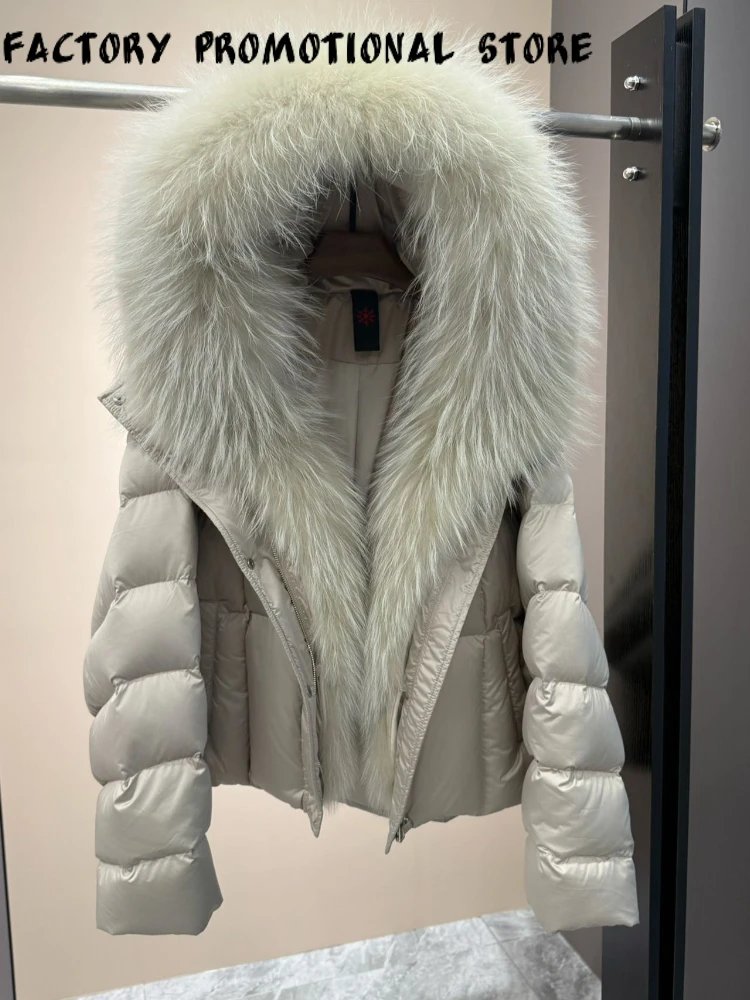 2026 New Winter Large Real Fur Hooded Puffer Jacket Women Thicken Warm Knitted Sleeve Coat White Goose Down Mid Long Parka