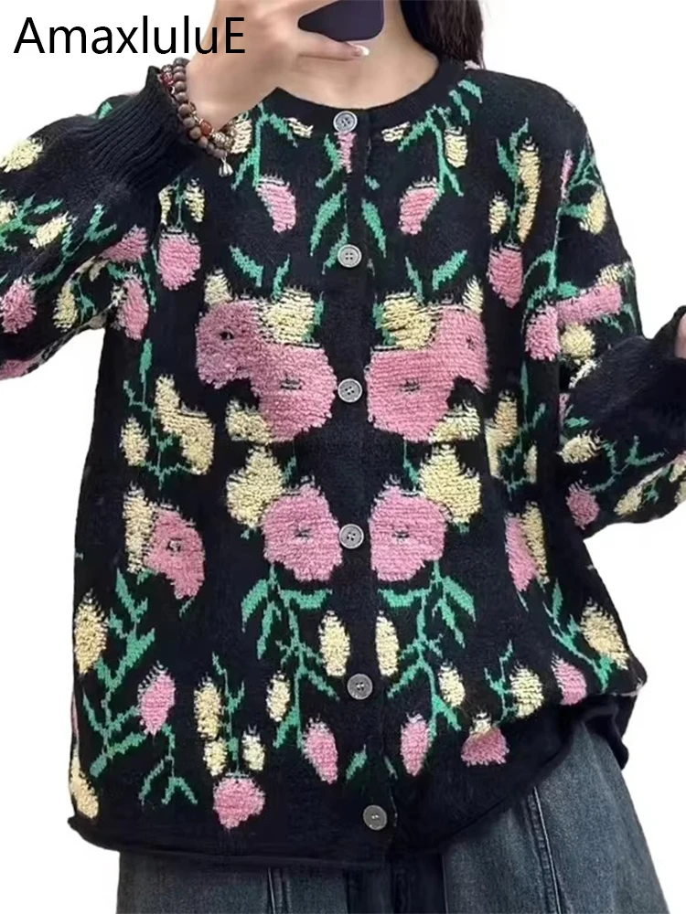 

Amax luluE Winter Korean Luxury Cardigans Womens Fashion Loose Printed Sweater Ladies Classic Casual Warm Floral O Neck Knitwear