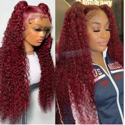 Drak Red  Burgundy Kinky Curly Preplucked 180% Density 26 Inch Long Lace Front Wig For Black Women 99j Babyhair Daily Wine