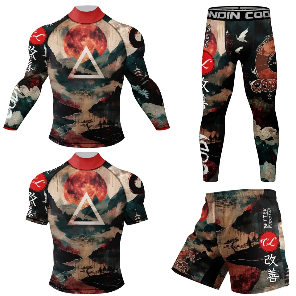 Rubber Waist Anti Slip MMA T-shirt+Pant Set Rashguard For Men 4Pcs/Suits Muay Thai MMA Shorts BJJ Gi Rash Guard Boxing Sportsuit