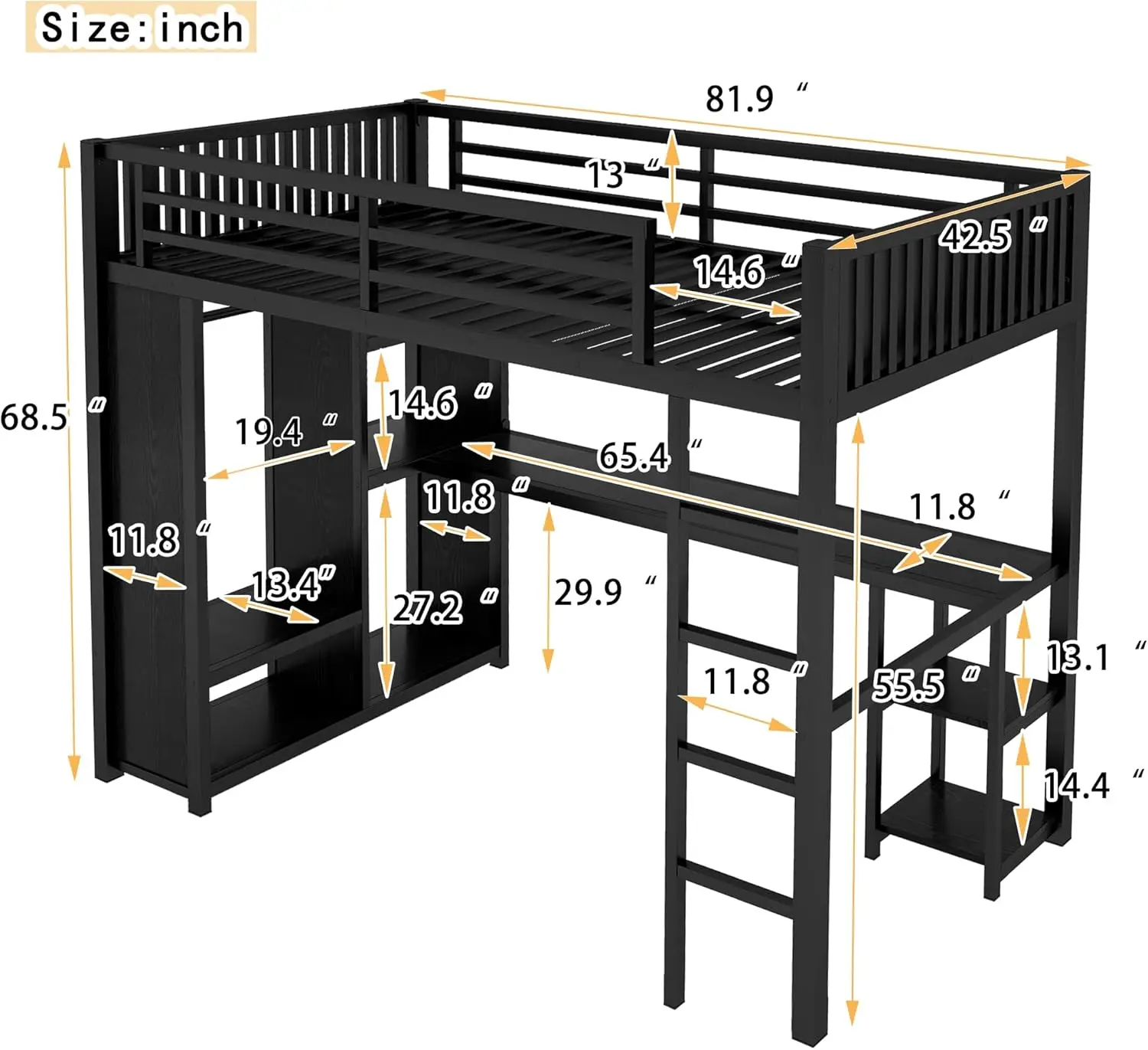 Twin Xl Loft Bed With Desk And Storage Shelves, Twin Xl Loft Bed With Wardrobe And Hanging Rod, Game Loft Bed With Guardrail