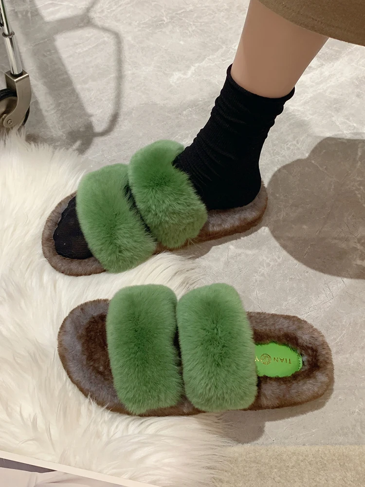 

Flat Shoes Female Slippers Casual Fur Flip Flops Slipers Women Flock Low Slides Luxury Plush 2023 Massage Fashion Rome Basic Rub