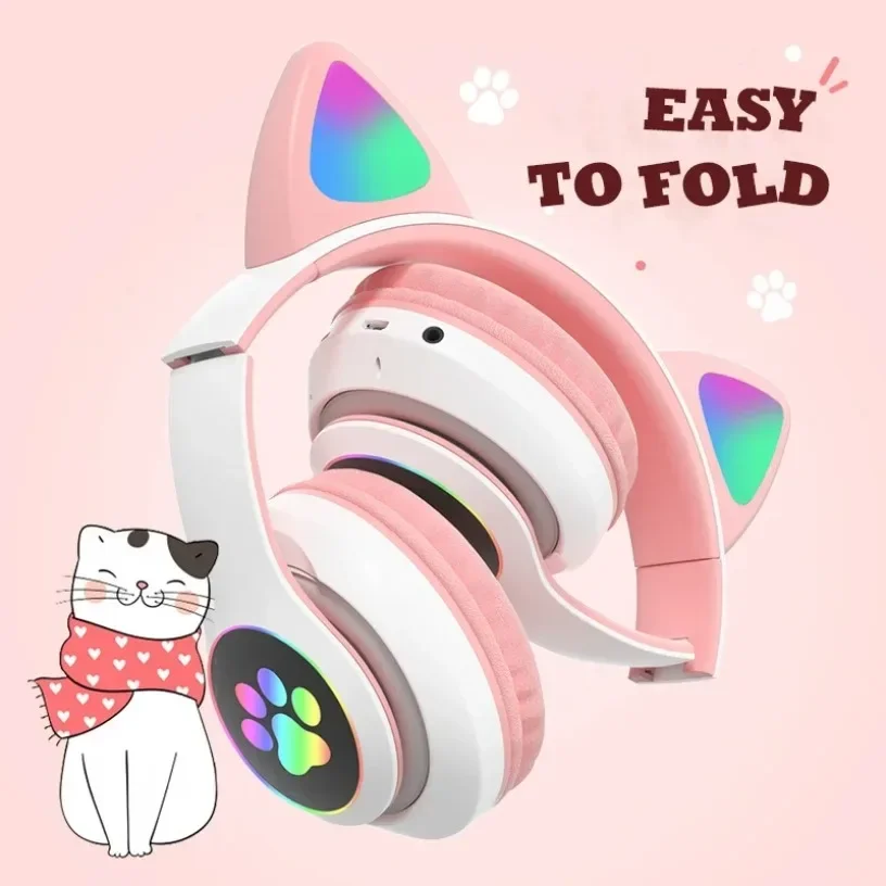 Bluetooth 5.0 Stereo With Mic Flash Lamp Cute Cat Ears Headphone Support TF Card Wireless Kids Girl Earphone Birthday Gift