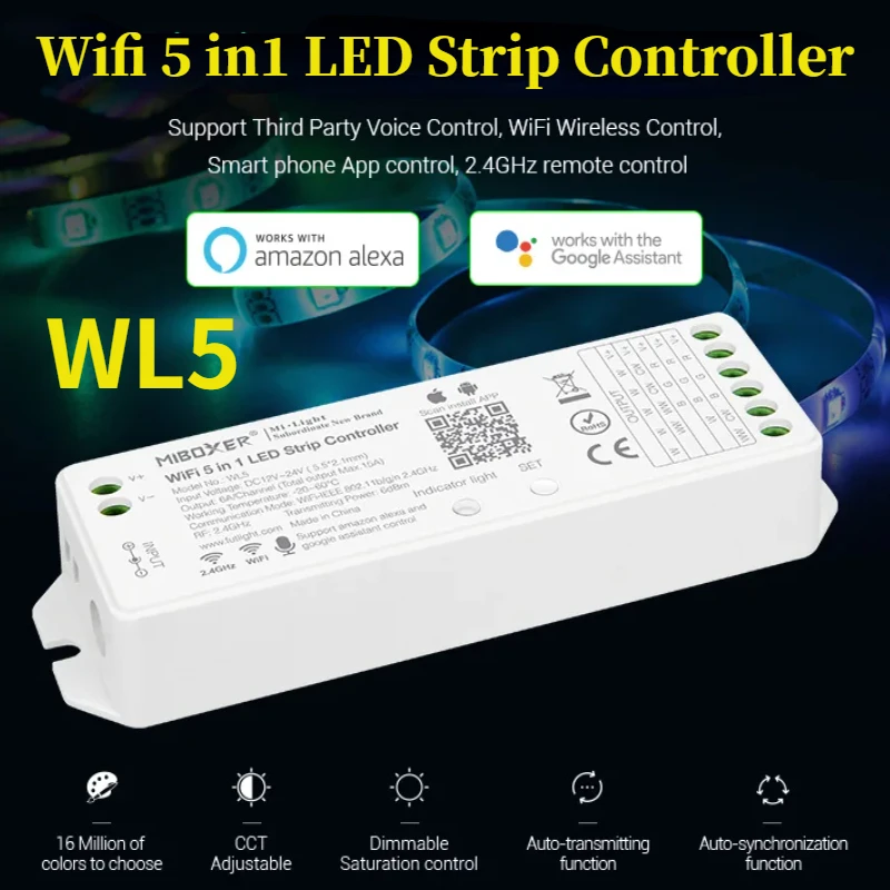 

Miboxer WL5 5 in 1 LED WIFI Controller For RGB RGBW RGB CCT Single color led strip light Amazon Alexa Voice phone App Remote