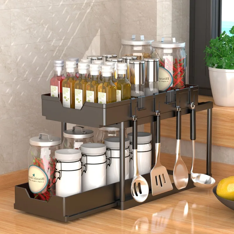 2-stufiger Küchen-Gewürzregal-Organizer, Metallregal zur Gewürzaufbewahrung mit Aufhängehaken, multifunktionaler Gewürzgläser- und Utensilienhalter für Küchenzubehör