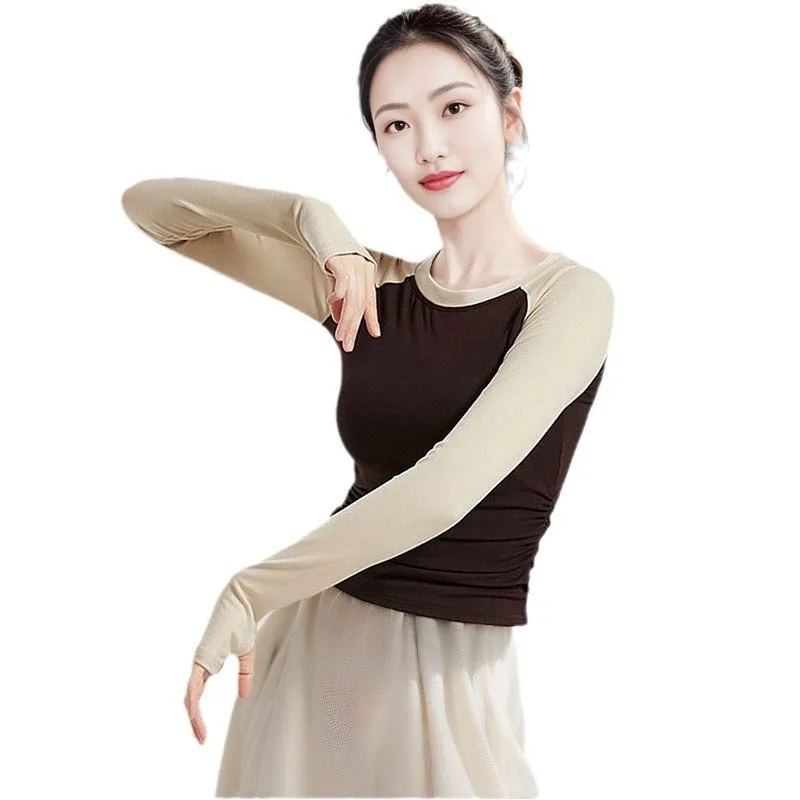 Modern dance practice clothes autumn and winter contrasting colors long-sleeved yoga tops Chinese dance